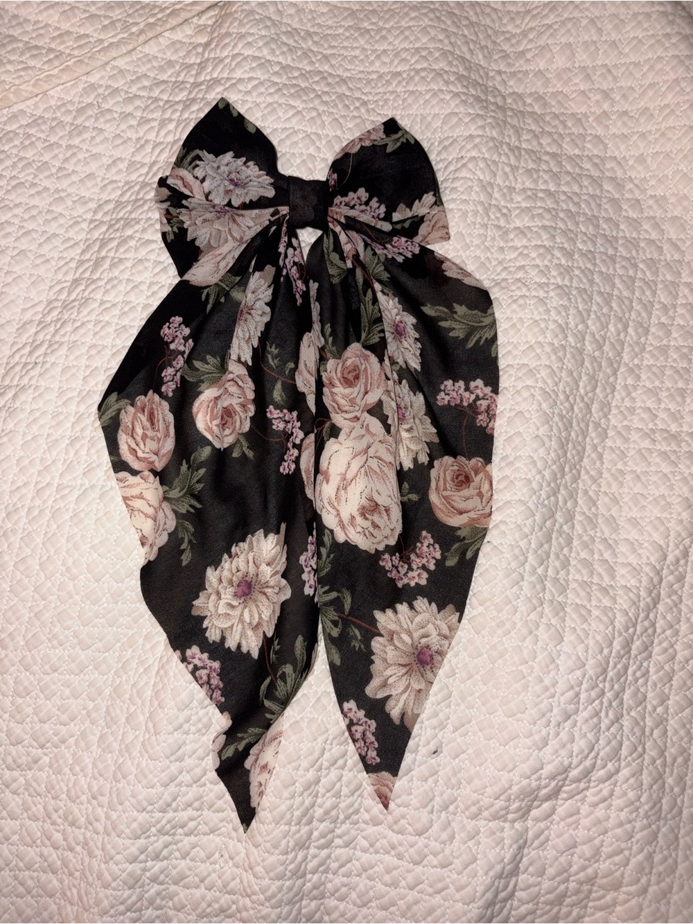 Floral Black Bow Hair Scarf - Elegant Pink Rose Print